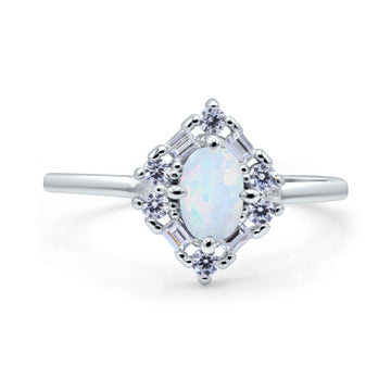 Art Deco Oval Wedding Bridal Ring Lab Created White Opal 925 Sterling Silver